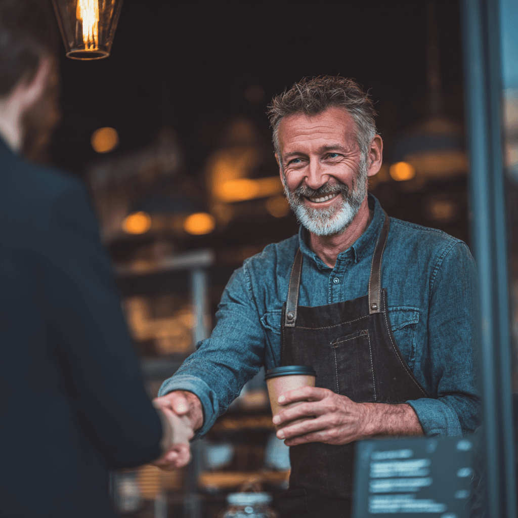 Cafe owner smiling behind counter