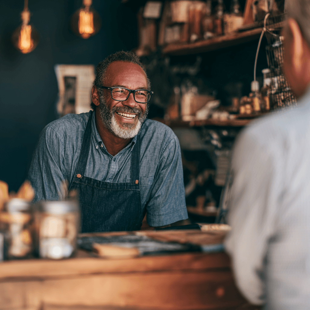 Shop owner smiling