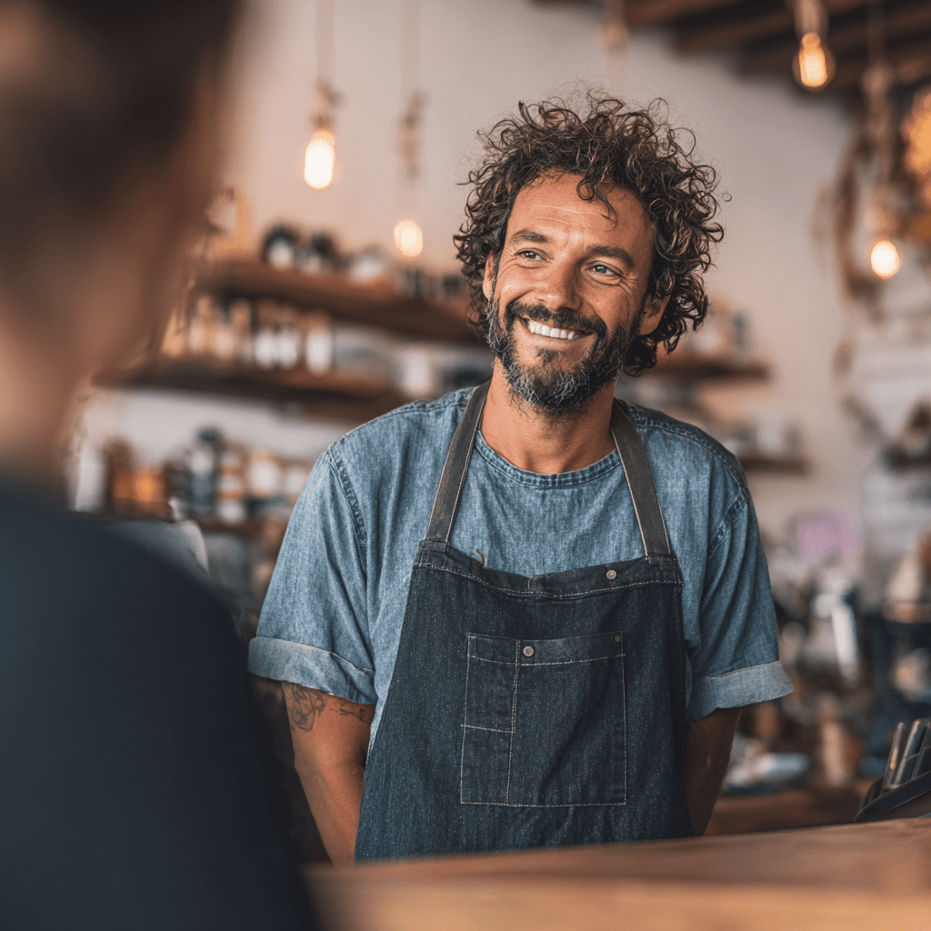 Barista chatting with a regular about joining the membership at the counter