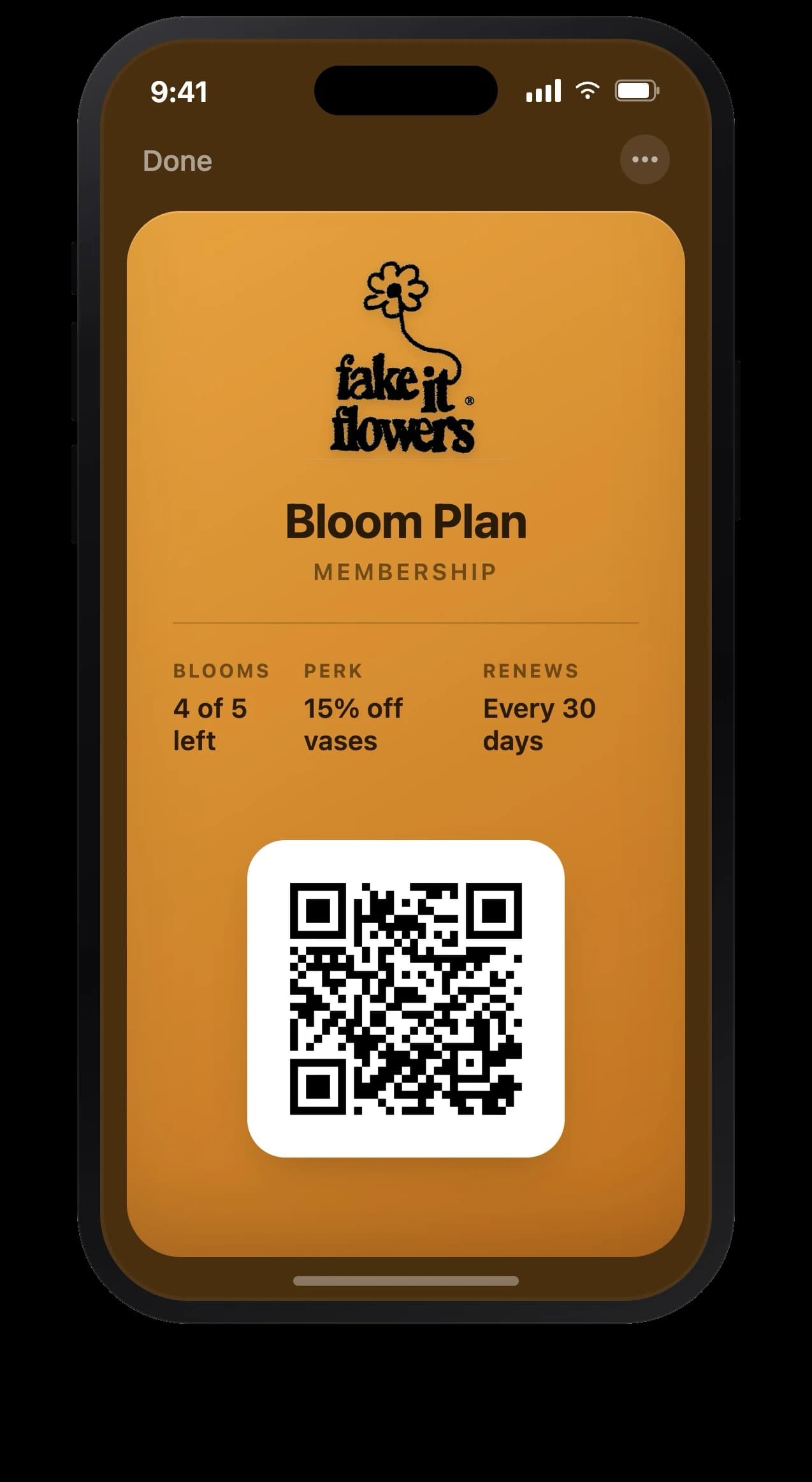 Fake It Flowers Bloom Plan membership pass in Apple Wallet — 5 bouquets a month, 15% off vases