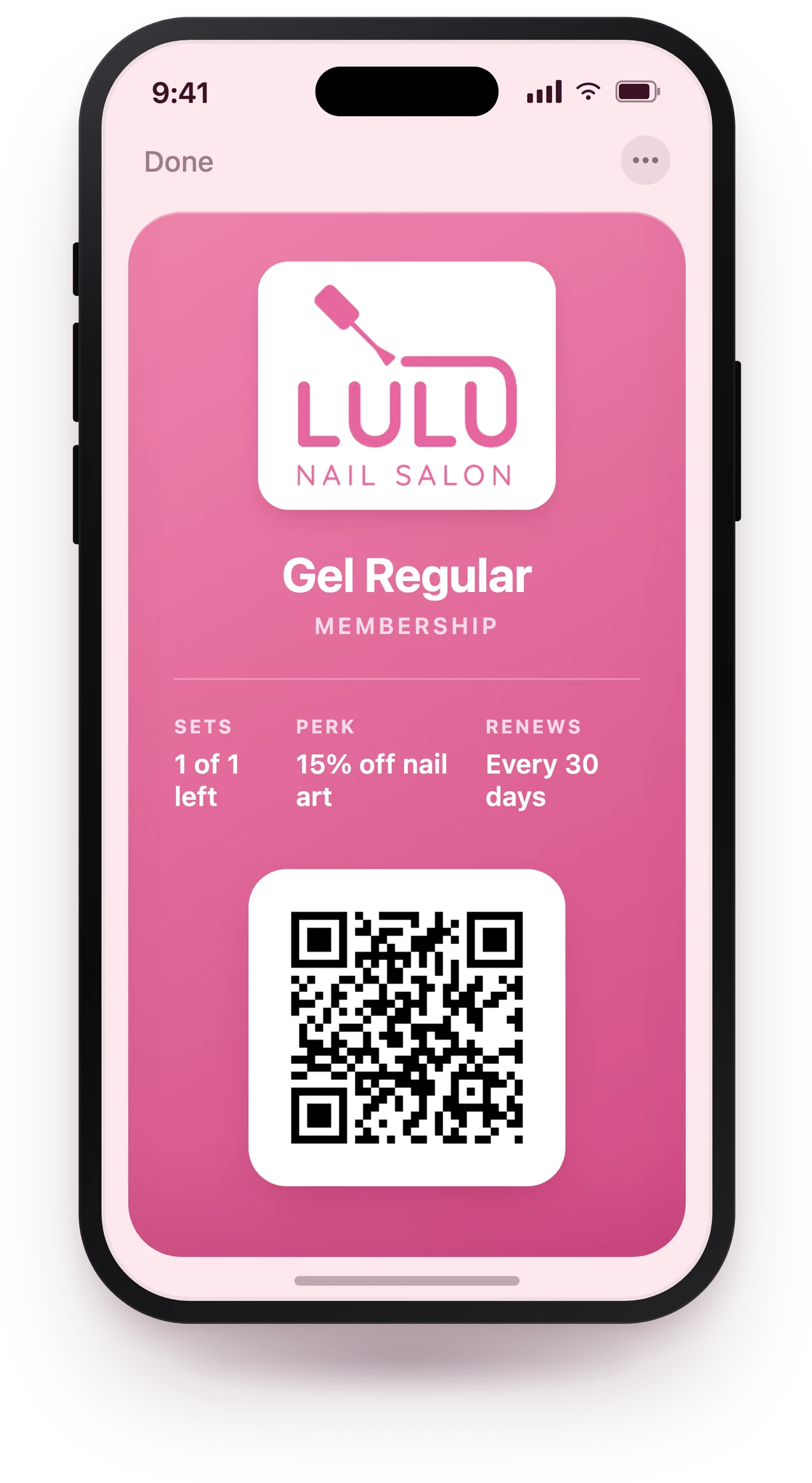 Lulu Nail Salon Gel Regular membership pass in Apple Wallet — A gel set every month, 15% off nail art