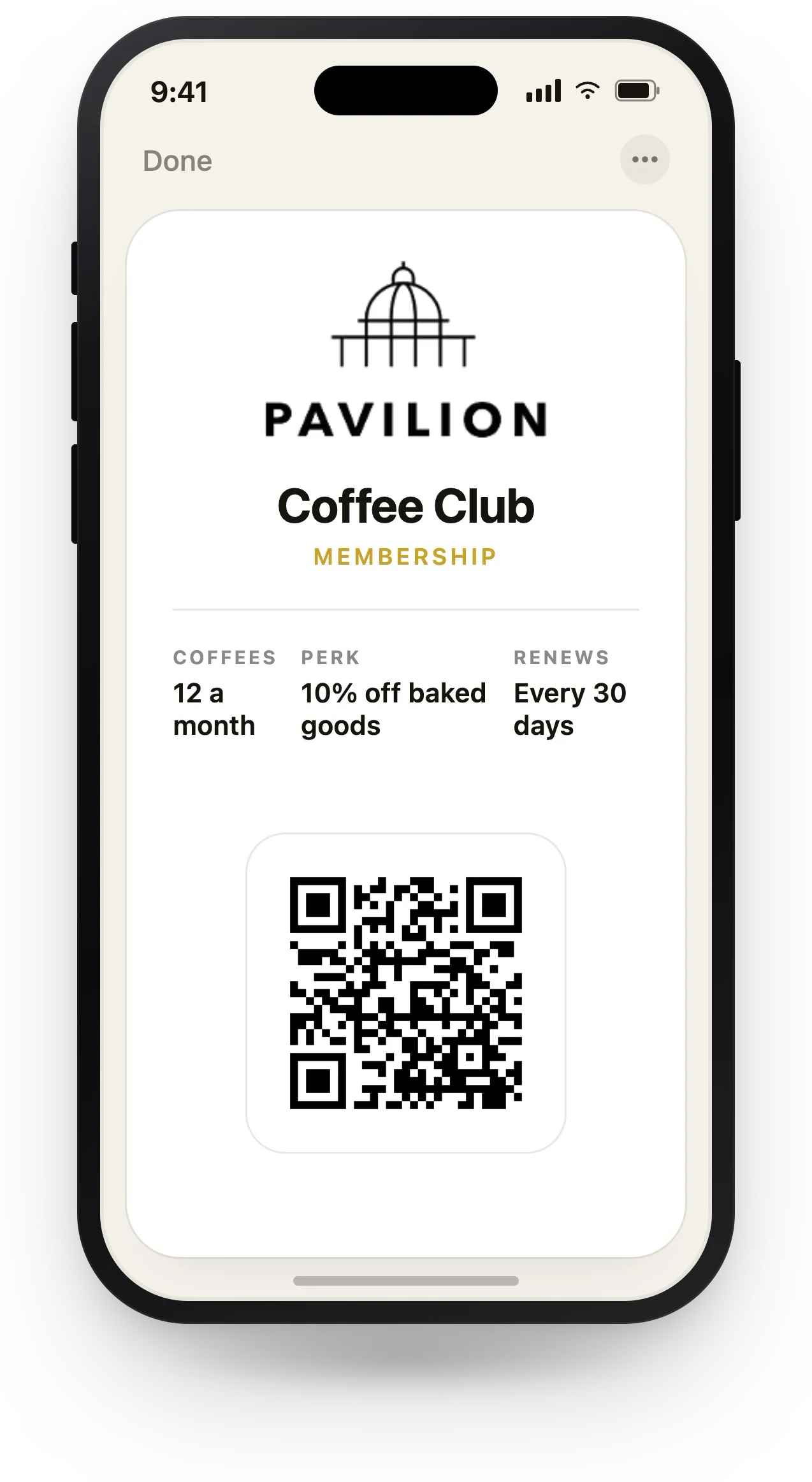 Pavilion Coffee Club membership pass in Apple Wallet — 12 coffees a month, 10% off baked goods